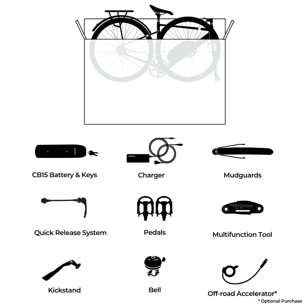 Battery, keys, charger, mudguards, quick release system, pedals, multifunction tool, kickstand, bell are included in CIRGO CRUISE purchase. An optional off-road accelerator is available.
